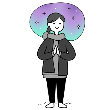 A person standing with their hands in a "namaste" position. The individual is wearing a warm, layered outfit in dark colors. Above them, the northern lights shimmer in vibrant greens and purples across the night sky. The ground beneath the person is covered in snow, reflecting the colors of the aurora. The scene conveys a sense of calmness and connection to nature.