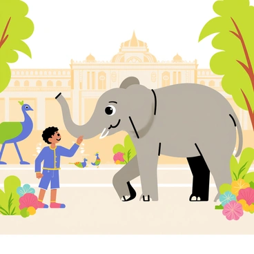 A young prince wearing a bright blue tunic with golden trim is playfully interacting with a large gray elephant in a royal menagerie. The elephant has big, friendly eyes and is playfully raising its trunk towards the prince. Surrounding them are lush green trees and colorful flowers, creating a vibrant atmosphere. The menagerie features various animals in the background, such as peacocks and monkeys, with ornate structures visible, indicating a lavish royal setting. The prince has a joyful expression as he reaches out to touch the elephant's trunk.