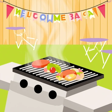A grill with silver grates, sizzling with various types of food including burgers and vegetables, produces wisps of smoke. A 'Welcome Back' banner in colorful letters hangs across a wooden backyard fence, fluttering gently in the breeze. The backyard is filled with green grass and a few scattered patio chairs, creating an inviting atmosphere. The sun casts warm light over the scene, enhancing the vibrant colors of the food and decorations.