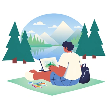 An illustrator with medium skin and curly black hair is seated on a light green blanket in the middle of a national park. They are focused on drawing the scenic view in front of them, which features tall evergreen trees and a vibrant blue sky. The illustrator is wearing a loose-fitting, white shirt and denim shorts. Beside them, a small sketchbook is open, showcasing an intricate drawing of the landscape. There are colored pencils scattered around, and a backpack rests nearby. In the background, a calm lake reflects the surrounding trees and mountains, enhancing the natural beauty of the setting.