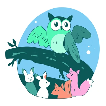 A teal owl perched on a large, gnarled branch, with its eyes wide and expressive as it animatedly tells stories. Below the branch, a gathering of various woodland animals, including a small white rabbit, a curious orange fox, and a couple of pink squirrels, listen intently. The moonlight casts a gentle glow over the scene, illuminating the animals' captivated faces. The owl's wings are partially spread, enhancing its storytelling gestures, while small twinkling stars can be seen in the night sky above.