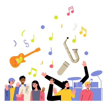 A variety of colorful music notes in shades of red, blue, green, and yellow are floating above a lively scene. Below, a crowd of concert-goers is seen enjoying the performance, with arms raised and smiling faces. Various musical instruments are depicted around the music notes, including a bright orange guitar, a shiny silver saxophone, and a vibrant purple drum set. The overall composition captures the energy and excitement of live music.