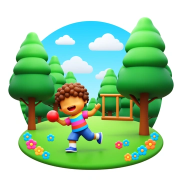 A childhood photo featuring a young child with curly hair wearing a colorful shirt. The child is joyfully playing with a red ball in a lush green park surrounded by tall trees. Bright flowers bloom in various colors throughout the scene. In the background, there is a blue sky filled with fluffy white clouds, and a small wooden swing hanging from a nearby tree. The overall composition captures the essence of a playful and carefree childhood.