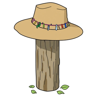 A wide-brimmed fishing hat made of khaki fabric is hanging on a rustic wooden post. The hat is decorated with several colorful fishing hooks and shiny lures attached to its band. The wooden post has a weathered texture, showing signs of age with rough edges and a faded color. Sunlight casts gentle shadows, highlighting the details of the hat and the post, while a few scattered leaves are visible on the ground beneath.