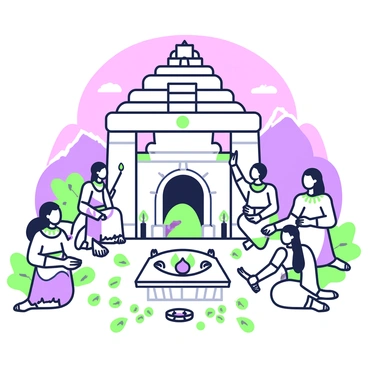 An ancient civilization is gathered at a stone temple for an equinox ritual. The temple features large, intricately carved stone pillars and a stepped pyramid structure rising majestically in the background. Members of the civilization, dressed in flowing robes and adorned with ceremonial jewelry, are arranged in a circular formation around a small altar at the temple's base. They hold lit torches that cast flickering shadows on the ground. In the sky above, the twilight hues blend softly, creating a serene ambiance as the last rays of sunlight disappear behind distant mountains. The scene captures various symbols of nature, such as leaves and flowers, arranged around the altar, enhancing the sense of reverence and tradition.
