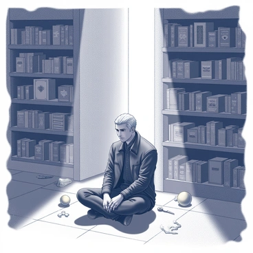 A witcher meditating in a high stone tower, surrounded by books and mystical artifacts