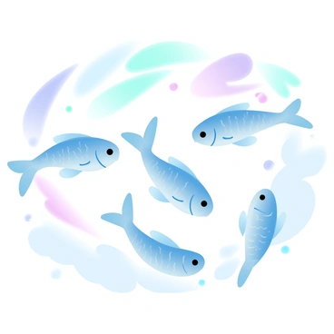 A group of flying fish with shimmering scales is gliding through the air. The fish have elongated bodies and delicate fins that catch the light. Above them, the Northern Lights create a vibrant display of colors, with waves of green, purple, and blue illuminating the night sky. The scene captures the enchanting movement of the fish as they dance gracefully among the colorful auroras. Soft clouds are visible in the background, adding a dreamy atmosphere to the composition.