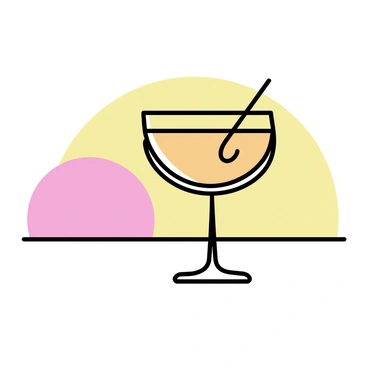 A coupe glass filled with amber liquid is positioned on a flat surface. The glass has a smooth, elegant shape with a wide bowl and a slender stem. The warm glow of a sunset casts soft orange and yellow hues, reflecting off the surface of the drink. Subtle light plays on the glass, enhancing its contours and creating highlights. The background features a gradient of colors transitioning from deep orange to soft pink, evoking the essence of a sunset.