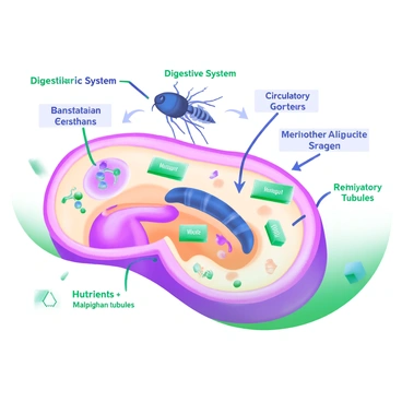 A detailed diagram illustrating the metabolic process inside an insect's body. The diagram features various labeled sections such as the digestive system, circulatory system, and respiratory system. Each section contains labeled arrows indicating the flow of nutrients and oxygen throughout the body. Visual elements include an insect with visible internal organs, highlighting the midgut, hindgut, and Malpighian tubules. Additionally, small icons representing enzymes, nutrients, and waste are scattered throughout the diagram to demonstrate the metabolic interactions. The background is a light pastel color to enhance clarity and focus on the diagram.