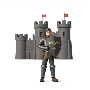 A knight wearing shining armor stands valiantly in front of a large stone castle. The knight has a determined expression and is gripping a round shield prominently displaying the word "Insurance" in bold letters. The castle, towering behind the knight, is adorned with flags and has sturdy walls, signifying its strength and protection. The scene conveys a sense of security and vigilance, with the knight ready to defend the castle, which is labeled "Assets."