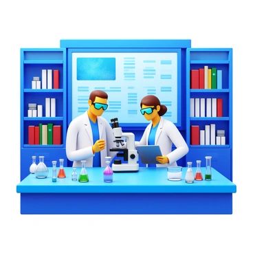 A laboratory setting filled with advanced equipment and technology. Two engineers, one male and one female, are wearing lab coats and safety goggles. They are focused on a high-tech microscope, examining nanostructures. One engineer is adjusting the microscope while the other takes notes on a digital tablet. Various vials and equipment are scattered across a workbench, showcasing experimental materials. A large screen displays data and images related to nanotechnology research. The background includes shelves filled with books and scientific journals, highlighting the theme of innovation and research.