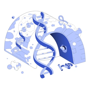 A tunnel made of chromosomes stretches into the distance, with intricate strands of DNA woven together to form its structure. At the entrance of the tunnel, DNA replication is actively taking place, with two strands separating and new nucleotides being added to each original strand. Each chromosome is detailed, showing the distinct bands and structures that signify genetic information. The walls of the tunnel are lined with helices, further enhancing the theme of genetic encoding. The surrounding area is filled with visible activity, symbolizing the dynamic processes of life at the molecular level.