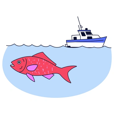 A snapper fish with a vivid red color and distinct scales is swimming gracefully in the clear, calm waters. Nearby, a fishing boat is anchored, featuring a simple design with white and blue colors. The boat has a small cabin and fishing gear visible on the deck. Sunlight reflects off the water's surface, creating gentle ripples around the fish and boat.