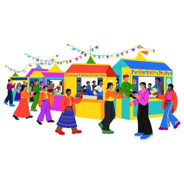 A vibrant cultural festival featuring a variety of colorful booths representing different countries and cultures. Each booth is adorned with unique decorations and ethnic symbols. People in traditional clothing from various cultures are walking around, showcasing their attire with bright colors and intricate patterns. Some individuals are engaged in lively performances, such as dancers in flowing costumes and musicians playing traditional instruments. The scene includes a diverse crowd of attendees enjoying the festivities and interacting with the booths. Colorful banners and flags hang overhead, adding to the festive atmosphere.