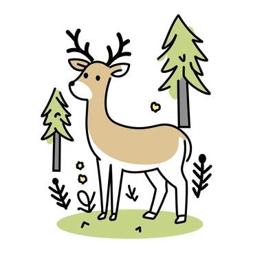 A pied deer with distinct white and brown patches is standing tall on a patch of soft green grass. The deer has large, expressive eyes and elegant antlers. Surrounding the deer is a serene woodland filled with tall trees that feature a mix of green and brown leaves. Soft sunlight filters through the branches, casting gentle shadows on the forest floor. The background includes a few ferns and wildflowers, enhancing the natural beauty of the scene.