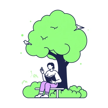A person is sitting on a bench under a large, shady tree in a park. The tree has a thick trunk and expansive branches, providing ample shade. The individual has short hair and is wearing a comfortable outfit. They are holding a book open in their lap, reading intently. Around them, the park is filled with lush greenery, including grass and bushes. A few birds can be seen perched on the branches of the tree, and a gentle breeze rustles the leaves, creating a serene atmosphere.