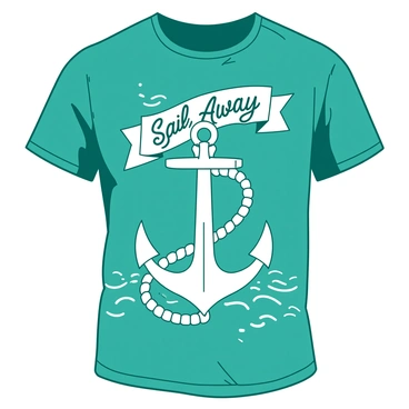 A teal t-shirt features a large, bold illustration of a white anchor prominently in the center. Surrounding the anchor are intricately designed white nautical ropes, weaving in and out around the anchor. In the background, there are subtle patterns of waves in a lighter shade of teal. Above the anchor, there is a banner in white with the text "Sail Away" elegantly curved. The overall composition creates a dynamic and nautical-themed design fitting for a t-shirt.