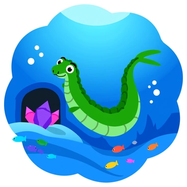 A long, green sea serpent with shimmering scales swims gracefully through the deep blue ocean. It has large, expressive eyes that sparkle with curiosity as it approaches a hidden cave entrance. The cave is adorned with glistening crystals of various colors, including bright blues, purples, and pinks, which reflect light in mesmerizing patterns. The serpent coils around the entrance, peering inside to take in the breathtaking sight. The surrounding water is filled with tiny bubbles and schools of colorful fish darting about, adding life to the scene. Sunlight filters down from above, illuminating the cave's interior and highlighting the beauty of the crystals.