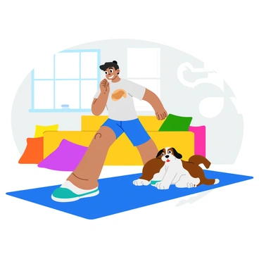 A person wearing a comfortable t-shirt and shorts is performing shoulder rolls on a soft blue yoga mat in a bright living room. The sunlight streams through a large window, illuminating the space. Nearby, a curious pet, a small brown and white dog, watches intently. The dog attempts to mimic the person’s movement, tilting its head and rolling its body playfully on the floor. A few colorful cushions are scattered around, adding a vibrant touch to the scene.