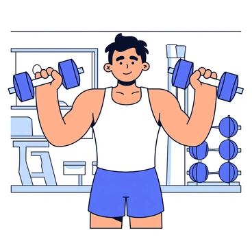A bodybuilder with a muscular physique is in a gym setting, focusing intently on performing intense dumbbell front raises. The bodybuilder has short, dark hair and is wearing a fitted gym tank top and shorts. He grips heavy dumbbells in both hands, lifting them straight in front of him to shoulder height. His arms are visibly strained, showcasing defined muscles. The gym is equipped with various workout machines and equipment in the background, and there are weights neatly organized on a nearby rack.
