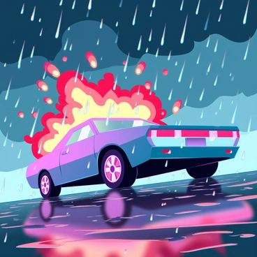 A car exploding during a heavy rainstorm, with raindrops glistening in the explosion's light