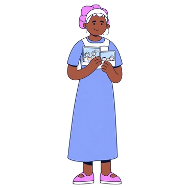 A handmaid wearing a simple, long dress stands still, holding an old photograph in her hands. The photograph depicts a joyful scene from her past life, featuring a bright landscape with loved ones smiling. Her expression is thoughtful, hinting at a mixture of nostalgia and sadness. The background consists of muted colors, emphasizing her figure and the photograph she is gazing at. Soft light falls on her, creating a gentle contrast with the surrounding shadows.