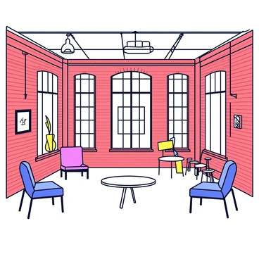 A trendy converted warehouse with exposed red brick walls that have a slightly rough texture. The large windows allow ample natural light to fill the space, with black metal frames surrounding them. The decor features industrial elements such as metal piping and vintage light fixtures hanging from the ceiling. A few minimalist furniture pieces are scattered throughout the room, including a sleek metal coffee table and simple wooden chairs.