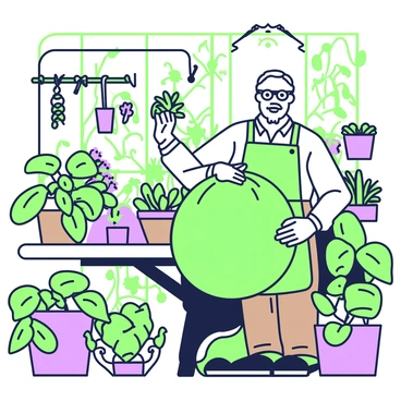 Professor Shonku, an older man with glasses and a beard, is carefully tending to a large exotic plant in his greenhouse. He wears a green apron over a light shirt and brown trousers. Sunlight filters through the glass panels of the greenhouse, casting intricate shadows. Around him, lush greenery is abundant, with various unusual plants featuring unique shapes and textures. Some plants have large, broad leaves, while others show vibrant, twisting vines. There are hanging pots with trailing plants, and colorful flowers blooming in small clusters on nearby shelves. In the background, intricate gardening tools are neatly arranged on a wooden bench.
