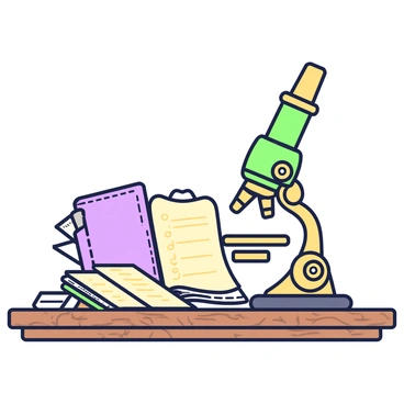 A vintage brass microscope is positioned prominently on a wooden desk. The microscope features intricate details and polished brass components reflecting light. Next to the microscope, there is an old leather-bound journal, its cover showing signs of wear with a textured surface. The journal is slightly open, revealing yellowed pages filled with handwritten notes. In the background, the wooden desk has a rich grain pattern, complementing the warm tones of the microscope and journal. A few scattered papers are visible nearby, enhancing the scene's scholarly atmosphere.