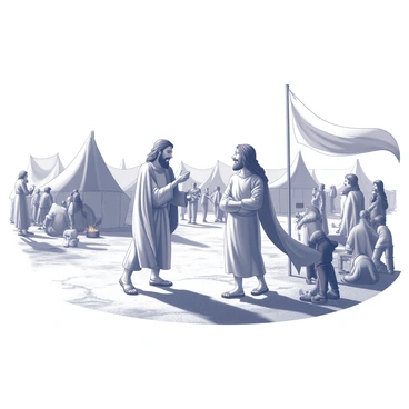 Moses and Aaron in a heated discussion amidst a chaotic scene of tents and people