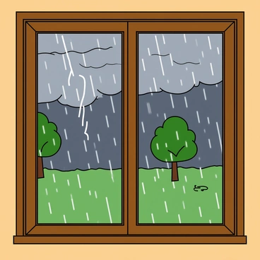 A large window with a wooden frame showcases an intense September thunderstorm outside. The sky is filled with dark gray clouds, while flashes of lightning illuminate the scene. The rain is pouring heavily, creating streaks of water running down the window. Raindrops are visible on the glass, reflecting the light from the storm. In the background, trees are swaying due to the strong wind, and small puddles are forming on the ground. The indoor space is cozy and warm, with soft lighting creating a stark contrast to the chaotic weather outside.
