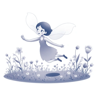 A whimsical spirit is depicted in motion, gracefully dancing among an expanse of blooming flowers. The spirit has an ethereal appearance, with flowing forms that suggest movement and vitality. The surrounding fields are filled with various blossoming flowers, showcasing different shapes and sizes, contributing to a sense of abundance. New green growth emerges abundantly from the earth, creating a vibrant backdrop. The entire scene conveys a sense of liveliness and connection with nature.