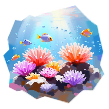 A science illustration depicting the symbiotic relationship between corals and zooxanthellae algae. The scene features a vibrant coral reef, showcasing various types of corals in shades of pink, purple, and blue. Among the corals, numerous small, round zooxanthellae algae are illustrated, highlighting their presence within the coral tissues. Sunlight filters down through the water's surface, illuminating the corals and enhancing their colors. Fish of different species swim around the corals, contributing to the lively underwater ecosystem. The background includes soft, flowing currents and hints of other marine life, creating a dynamic and engaging depiction of this natural partnership.