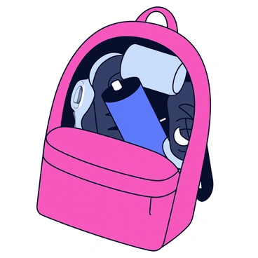 A sporty rucksack in vibrant red color is displayed. The rucksack is unzipped, revealing a neatly packed interior filled with gym gear. Inside, there is a pair of black training shoes, a rolled-up grey towel, and a compact fitness tracker. Next to these items is a bright blue protein shaker with a black lid, prominently positioned for emphasis. The rucksack is set against a simple, neutral background.