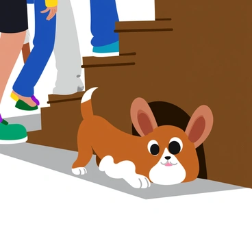 Hugo, a small brown and white dog, is hiding beneath a wooden staircase. He has expressive, wide eyes, showcasing his curiosity and a hint of apprehension. His ears are perked up, and his nose is slightly wrinkled as he watches the activity around him. People are walking past, creating a blur of legs and shoes in various colors. The staircase is made of dark wood, and there are shadows cast on the floor from the overhead steps, enhancing the sense of concealment. Hugo's tail is tucked slightly, but he seems eager to observe the world beyond his hiding spot.
