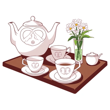 A white fine china tea set is displayed elegantly on a polished wooden table. Each cup and saucer features intricate "Claddagh" motifs, showcasing interlocking hands, a heart, and a crown. The cups are arranged neatly beside their matching saucers. The tea set glistens in soft light, highlighting the delicate craftsmanship of the motifs. A small vase with fresh flowers is positioned nearby, adding to the refined atmosphere of the scene.