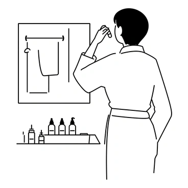 A person standing in front of a bathroom mirror, applying skincare products to their face. They have short hair and are wearing a bathrobe. One hand is holding a small bottle of serum, while the other hand is gently massaging the product into their skin. The bathroom is equipped with a sink that has various skincare products lined up neatly. A towel is hanging on a rack in the background. The bathroom mirror reflects the person and the surrounding details.