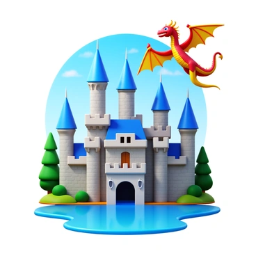 A fairytale castle with tall spires and ornate turrets, set against a blue sky. The castle is surrounded by lush green trees and a sparkling moat. A colorful dragon with large wings is soaring above the castle, its scales shimmering in the sunlight. The dragon has fierce eyes and its wings are outstretched, casting a shadow over the castle. The illustration is designed to fit within an 8x8 board format.