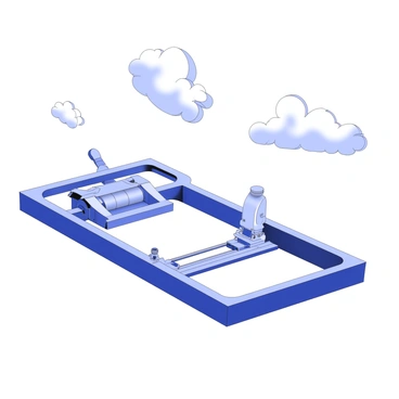 A 3D cutaway view of a car's sunroof mechanism is displayed prominently. The sunroof is open, revealing the intricate components that allow it to slide back. Detailed representations of the tracks, gears, and motor are visible, showcasing how the mechanism operates. Above the sunroof, the open sky is depicted, featuring light clouds scattered throughout, allowing for a clear view of the vastness above. The sunroof’s glass is shown reflecting the light from the sky, emphasizing its transparent nature.