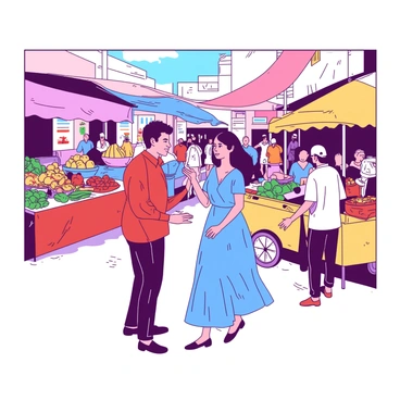 Two individuals, one wearing a red shirt and the other in a blue dress, are engaged in a serious discussion in the center of a busy outdoor marketplace. Surrounding them are various stalls displaying vibrant fruits and vegetables, with colorful fabrics draped overhead. In the background, there are several people browsing through the items, while a vendor with a yellow cart is selling freshly made snacks. The atmosphere is lively with chatter and movement, emphasizing the dynamic environment of the marketplace.