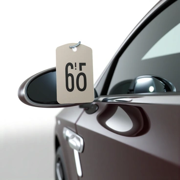A close-up view of a luxury car's side mirror, capturing the sleek design and polished surface. The mirror is framed in chrome, reflecting bright lights from the surroundings. An auction price tag, elegantly styled, is hanging from the mirror. The tag features bold numbers indicating the price, with a sophisticated font. The background is softly blurred, focusing attention on the mirror and the price tag. The car's smooth body lines can be subtly seen in the reflection of the mirror.