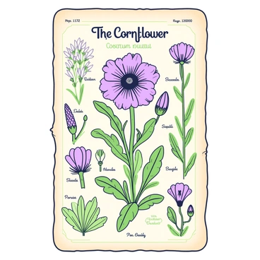 A vintage botanical illustration page featuring "the cornflower". At the center, there is a detailed depiction of "the cornflower" plant, showcasing its distinct petals and stem structure. Surrounding the cornflower are smaller illustrations of related flora, including leaves and buds at different stages of growth. Each component is labeled with elegant, cursive text identifying the plant's scientific name. The background mimics aged paper, with faint lines and subtle textures, enhancing the vintage aesthetic of the illustration.