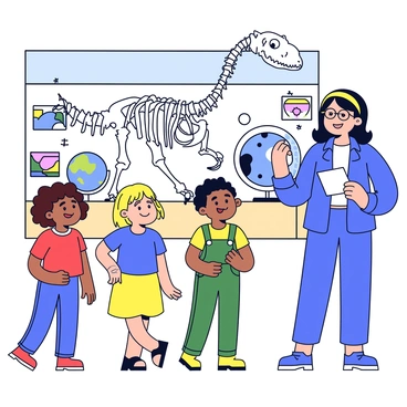 A group of four children standing in front of a large dinosaur skeleton displayed in a museum. Each child has a distinct appearance: one with curly brown hair wearing a red shirt, another with straight black hair in a yellow dress, a third with short blond hair in a blue t-shirt, and the last one with braided pigtails and wearing green overalls. They are looking up with wide eyes, showing expressions of curiosity and excitement. A museum guide, a woman with glasses and a blue blouse, is pointing at the skeleton while holding a clipboard. The background includes various other exhibits, such as a large globe and colorful paintings on the walls.