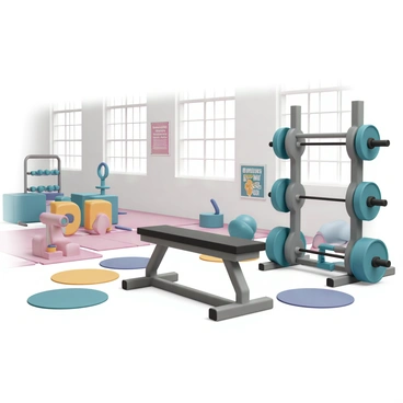 A vibrant gym setting filled with various pieces of exercise equipment. In the center, there is a sturdy bench specifically designed for hip thrust exercises, featuring a padded surface and adjustable height. Surrounding the bench, there are free weights, dumbbells, and a squat rack, all neatly arranged. The walls are adorned with motivational posters, and large windows let in natural light, illuminating the space. Colorful exercise mats are scattered across the floor, adding to the lively atmosphere of the gym.