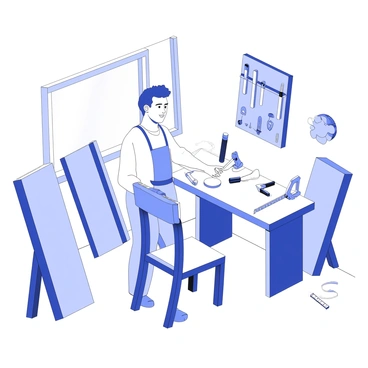 A woodworker is standing in a well-equipped workshop, focused on crafting a wooden chair. The woodworker is using a chisel to carve intricate details into the armrest of the chair. Beside the woodworker, there is a workbench covered with various tools, including saws, clamps, and a measuring tape. In the background, wooden planks are stacked neatly against the wall, while a sawdust-covered floor indicates ongoing projects. A wall-mounted pegboard is organized with hand tools, ensuring easy access. Natural light streams through a window, illuminating the workspace and the woodworker's concentrated expression.