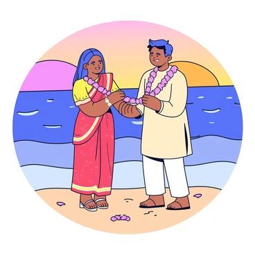 A couple stands by the sea, exchanging "varmala," which are floral garlands. The woman wears a vibrant red and gold saree, while the man is dressed in a traditional cream kurta. The ocean gently laps at the shore behind them, reflecting the warm colors of the setting sun, which paints the sky in shades of orange, pink, and purple. Soft waves create a serene backdrop as the couple smiles joyfully at each other, surrounded by a few scattered flower petals on the sand.
