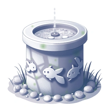 A wishing well made of stone, featuring intricate carvings of Magikarp around its circular structure. The well has a round opening at the top, through which glimmers can be seen coming from an assortment of coins resting at the bottom. The stones of the well are aged, displaying a rough texture with patches of moss. The Magikarp carvings are detailed, showcasing their fins and scales. The surrounding area is filled with pebbles and grass, framing the well in a natural setting.