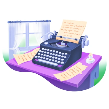 A modern pastel illustration of a vintage typewriter positioned centrally on a textured wooden desk. The typewriter has a glossy black finish with silver keys. Scattered around the typewriter are several pages filled with elegant handwritten notes, some partially crumpled. A warm light illuminates the scene, casting soft shadows. In the background, there are hints of an open window with sheer curtains fluttering gently, allowing a breeze to subtly move the pages.