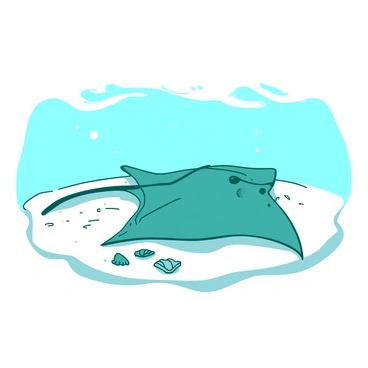 A teal stingray is resting on a white sandbar under bright sunlight. The sandbar is surrounded by clear, shallow water that gently ripples around the edges. The stingray's wings are slightly spread out, with its tail curled behind it. A few small seashells and pieces of coral are scattered on the sandbar nearby, enhancing the tranquil underwater scene. Light reflections dance on the water's surface, creating a shimmering effect above the stingray.