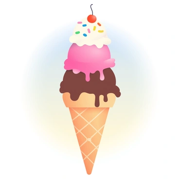 A large ice cream cone is displayed prominently in the center. The cone is a light brown color with a textured surface, resembling a waffle pattern. Three scoops of ice cream are stacked on top, with the bottom scoop being chocolate brown, the middle scoop a vibrant strawberry pink, and the top scoop a creamy vanilla white. Melting drips of ice cream cascade down the sides of the cone. The background features a soft gradient that transitions from light blue at the top to pale yellow at the bottom, complementing the colors of the ice cream. There are small colorful sprinkles scattered on the ice cream surface, and a cherry sits on top of the vanilla scoop.